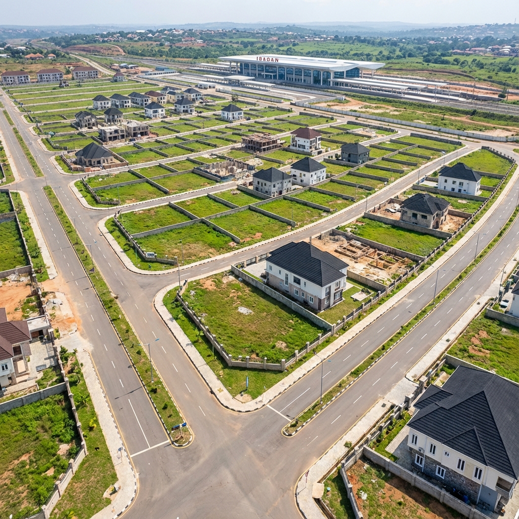 Whitehouse Estate Moniya - Modern residential development near Ibadan Railway Terminal with organized plots and paved roads